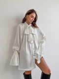 Autumn And Winter Leisure Temperament Thick And Dumb Color Color Silove Loose Fluttering Lead The Horn Sleeve With Women's Dress White 68HZ