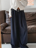 Lazy Style Retro Stripes Tibetan Cyan Loose Broad Leg Pants Female Design With High Waist Casual Mop Trousers 68HZ