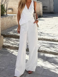 White Cotton-Song V-Neck Wrap Around The Strapped Vest Trousers Set 2025 Spring And Summer Fashion New Two-Piece Women 68HZ