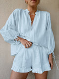 Fashion Cotton Hemp Solid Color Loose V-Neck Lantern Sleeve Shorts Two Sets Of Summer Sexy Tie High-Waisted Suit 68HZ