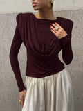 Folded Waist Swing Long-Sleeved T-Shirt Women's Senior Sense 2025 Autumn And Winter Beauty Bottom Top 68HZ