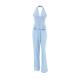 Summer Explosion Pure Color Fashion Casual Set Cotton Sleeveless Hanging Neck Top High Waist Trousers Two Sets Of Women 68HZ