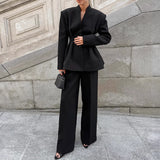 Black High-End Long-Sleeved V-Neck Folded Waist Blazer Trousers Two-Set Autumn Women's Suit Suit 68HZ