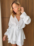 Autumn Women's Clothing 2025 Cotton Small Fresh V-Neck Lantern Sleeve With Wide Leg Pants Fashion Jumpsuit 68HZ