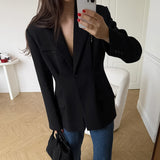 Autumn And Winter Retro Style Black Temperament Tailor Blazer Casual Fashion Suit Collar Thin Top 68HZ