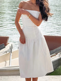 French One-Word Sexy Open Shoulder To Thin Dress 2025 Summer Fashion New Mid-Long Dress 68HZ