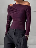 Hottie Slanted Shoulders Hollow Long-Sleeved Irregular T-Shirt Autumn Women's High-End Pure Desire To Repair The Temperament Top 68HZ