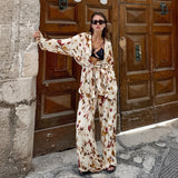Autumn And Winter On The New Fashion Full-String Print Collar Blouse High-Waist Straight Trousers Two-Piece Set With Casual Suit 68HZ
