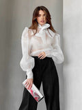 2025 Spring Sexy Perspective Mesh Long-Sleeved Top Folded High-End Bubble Bubble Sleeves To Play The Shirt Woman 68HZ