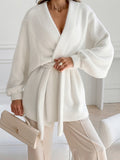 Autumn And Winter Lazy Style White V Collar Long Sleeves With Loose Leisure Long Plush Coat 68HZ