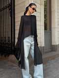 Chiffon Shirt Women's Black Mesh Irregular Niche Design Round Neck Lotus Leaf Sleeve Long Sleeve Top 68HZ