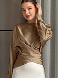 Autumn 2025 New Women's Color-Buttoned Denswear Simulation Silk Elegant Long-Sleeved Top Irregular Wrinkled Shirt 68HZ