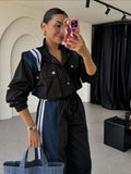 Small Design Feel Denim Spliced Striped Workwear Set Women's High-End Straight Trousers High-End Two Sets 68HZ
