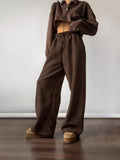2025 Autumn And Winter Fashion Warm Thick Velvet Leisure Trousers Tying Belt Mid-Sleece Loose Broad-Footed Trousers Woman 68HZ