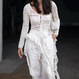 French Deep V Lace Lace Lotus Lobe Side Pick-Up Thin Tug-Tail Shirt 2025 Spring And Summer Fashion Top 68HZ