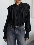 Court Style French Lotus Side Collar Single Row Buckle Long-Sleeved Shirt Women's Dress French Lantern Sleeve Loose Solid Color Top 68HZ