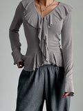 Knitting Body V Collar Lotus Leaf Side Design T-Shirt Commuting Women's Clothing 2025 Autumn And Winter New 68HZ