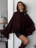 Brown Chiffon Small Collar Lotus Side Horn Sleeve Shirt 2025 Spring And Summer Fashion New Top Woman 68HZ