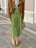 Vintage Green Velvet Straight Straight High Waist Skirt 2025 Autumn Frosted Velvet New Body Dress 68HZ
