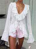 French Chiffon V-Neck Horn Sleeve Leaf Leaf Long-Sleeved Shirt 2025 Spring/Summer Fashion New T-Shirt 68HZ