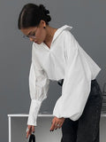 White Collar Sexy Open-Navel Design Sense Asymmetric Sleeve Shirt 2025 Autumn Fashion New Top 68HZ