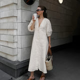 2025 French-Cooked Beige Cotton Foam Sleeve Dress Women's Summer Loose Back Loose V-Neck Shirt Skirt 68HZ