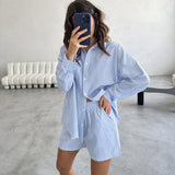 2025 New Blue Striped Cotton Clip Shirt Long Sleeve Hot Pants Set Summer Fashion Women's 68HZ