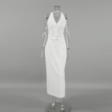 2025 Summer Fashion White Sexy Hanging Neck Sleeveless Vest High Waist Body Skirt Open Skirt Dress Suit 68HZ