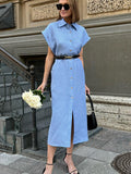 Summer New Commuter Collar Sleeveless Cotton Dress Temperament Elegant High-Waisted Long Dress Straight Skirt 68HZ