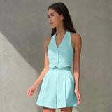 Spring And Summer New Commuting Style Sleeveless V-Neck Hanging Neck Hot Pants Set 2025 Fashion Two Sets 68HZ