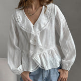 French White Jabs Pure Cotton Leaves Edge V-Neck Shirt 2025 Summer Fashion New Top Woman 68HZ