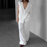 White V-Neck Cotton Sleeveless Vest Trousers Set 2025 Spring And Summer Fashion New Two-Piece Women 68HZ