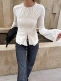 Autumn 2025 New White Collar Design T-Shirt Women's Fashion Long-Sleeved Horn Sleeve Top 68HZ