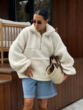 Autumn And Winter Personality Fashion Beige Knitted Leisure Lamb Velvet Small Standing Lantern Sleeves Plush Loose Jersey Woman 68HZ