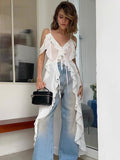 White Chiffon V-Necked Leaf Sided Shoulder Sling Dress 2025 Summer Fashion New Long Dress 68HZ