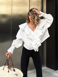 Cotton Design Lotus Leaf Side Sexy V Tie Shoulder Sleeves With Autumn And Winter Temperament Casual Shirt Woman 68HZ