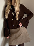 Spice Girl Horn Sleeve Knitted R-Shirt Spring And Autumn Round Collar Solid Color Long Sleeve Sweater Loose Thin Age Knitted Coat Woman 68HZ