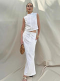 Spring And Summer New White Cotton Sleeveless Collar Top Open Loose Long Dress Two Sets Of Simple Commuter Suit Woman 68HZ