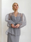 Spring 2025 Y2K Sexy Black Perspective Yarn Shirt Women's Niche Bubble Sleeve Long-Sleeved Shirt Folded 68HZ