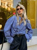 Autumn 2025 Fashion And Leisure Street Style Blue And White Stripes Loose Cardigan Shirt Senior Small Shirt 68HZ