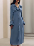 French Imitation Acetate V-Necked Horn Sleeve High-Waisted Lotus Leafy Dress 2025 Autumn Fashion New 68HZ