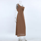 2025 Vintage Spring/Summer Casual Cotton Brown Irregular Collared Short-Sleeved Slimmed Sexy Dress 68HZ