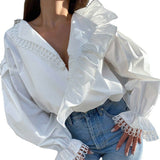 2025 Women's Shirt Sexy Deep V Collar Wood Ear Long Sleeve Temperament Fashion Spliced Lace Shirt 68HZ