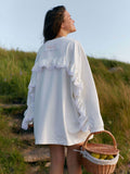Small Design Tidial Woman Autumn Back Lace Lotus Side Splicing Tops Loose White Coat Woman 68HZ