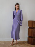 Fashion Design Sense V-Neck Dress 2025 Autumn Simple A-Dress Women's French Chiffon Mid-Long Dress 68HZ