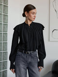 Court Style French Lotus Side Collar Single Row Buckle Long-Sleeved Shirt Women's Dress French Lantern Sleeve Loose Solid Color Top 68HZ