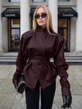 Vintage Wine Red Autumn And Winter Leather Coat Female Senior Feeling Long Sleeves Up Her Belt To Collect Waist Thin Leather Jacket 68HZ