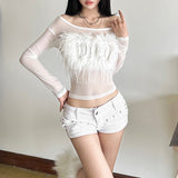 Women's Clothing 2025WISH Autumn And Winter New Solid Color Long-Sleeved Word-Collar Mesh Yarn Perspective Top Lady 68HZ