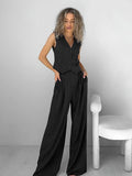 Sexy Temperament Wide Shoulder Strap V-Neck Sleeveless Vest Mid-Sleeves Wide-Footed Trousers Two-Set Autumn Casual Suit 68HZ