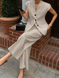 Spring And Summer Retro Temperament Cassette V-Neck Sleeveless Suit High-Waisted Trousers Fashion Casual Suit Women's Clothing 68HZ